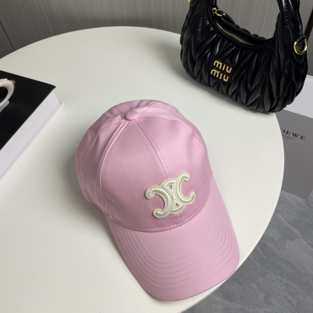 🌸Celine Pink Satin Baseball Cap, White Triomphe Embroidery Adjustable Hat